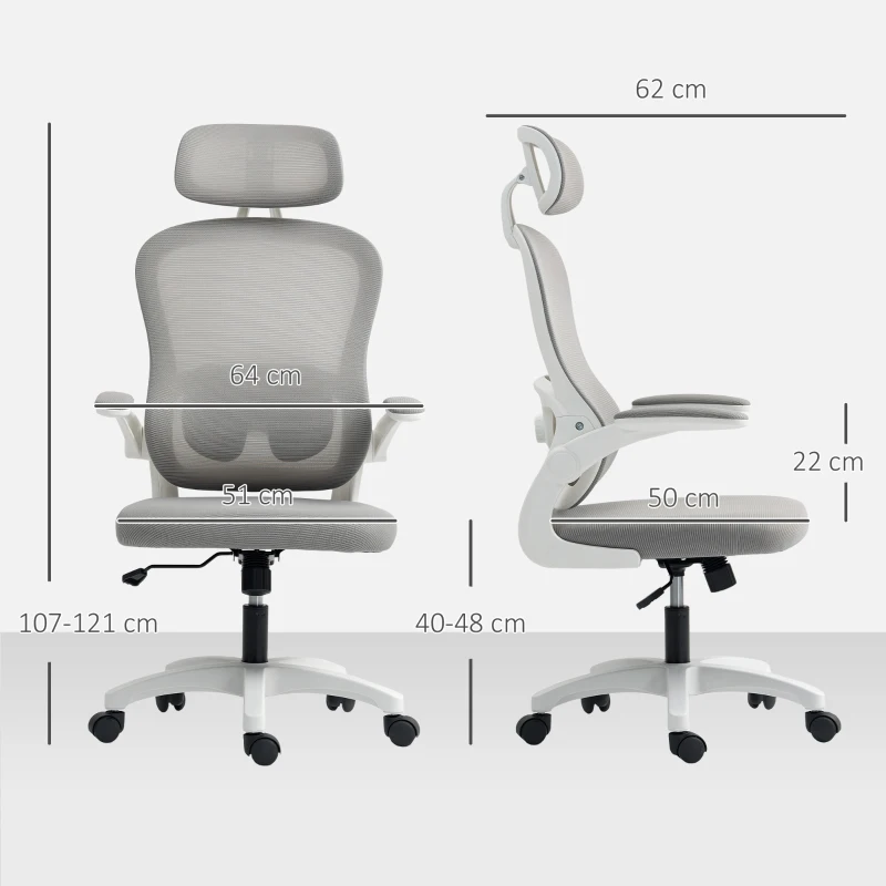 HOMCOM Ergonomische bureaustoel met mesh rugleuning, hoogte verstelbaar, klaparmleuningen, 5 wielen, kantelfunctie, Grijs(m-3)