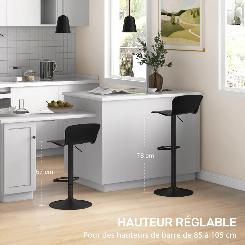 HOMCOM Lot de 2 tabourets de bar, chaises de bar réglable en hauteur, dossier et repose-pieds, 38,5x40x76,5-97,5cm, noir