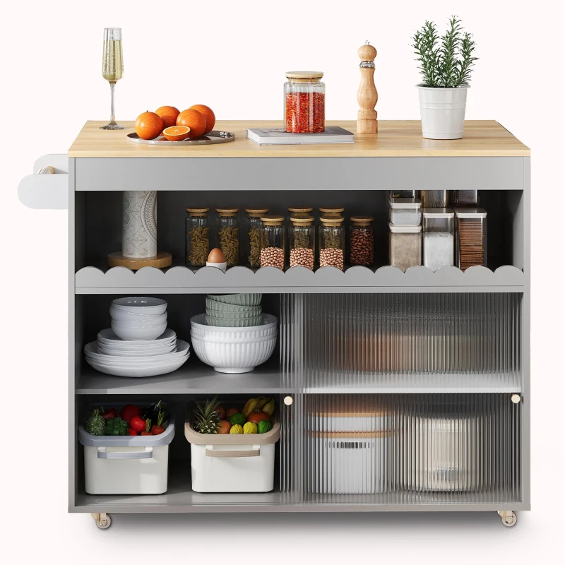 Klappbarer Kücheninselwagen, Schiebetüren aus gehärtetem Glas, verstellbare Einlegeböden und Handtuchhalter, 122 x 46 x 91 cm, Grau+Naturfarbe