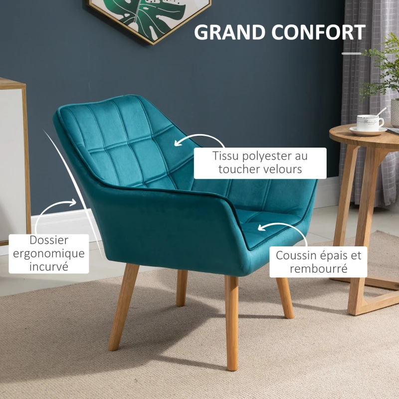 HOMCOM Fauteuil style scandinave dossier haut et accoudoirs, revêtement en polyester effet velours, 67 x 61,5 x 71 cm, bleu