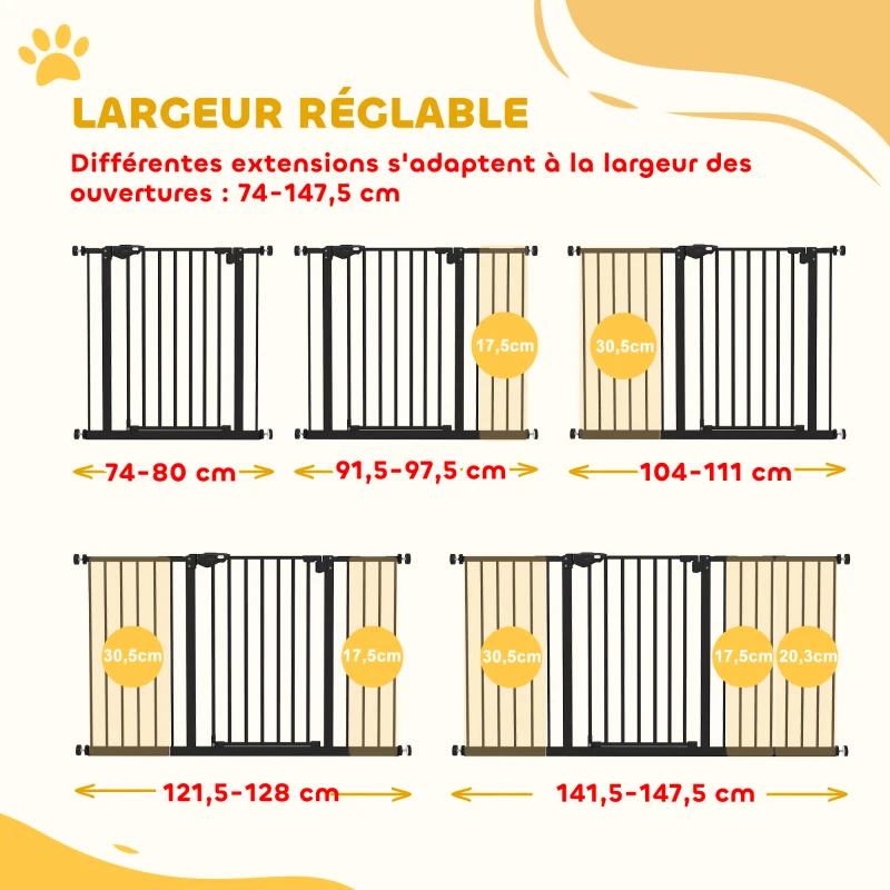 PawHut Barrière de sécurité animaux porte fermeture automatique système de double verrouillage sans perçage 3 extensions noir(m-4)