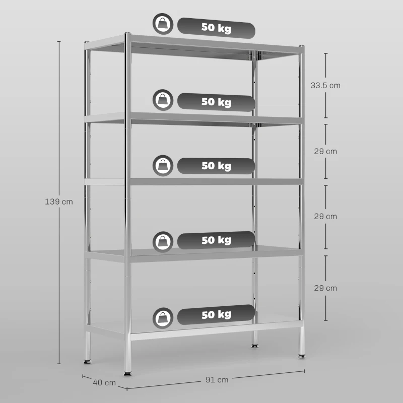 HOMCOM Scaffale da Cucina a 5 Livelli Regolabili su 13 Altezze Diverse, in Acciaio Inox, 91x40x139 cm, Argento