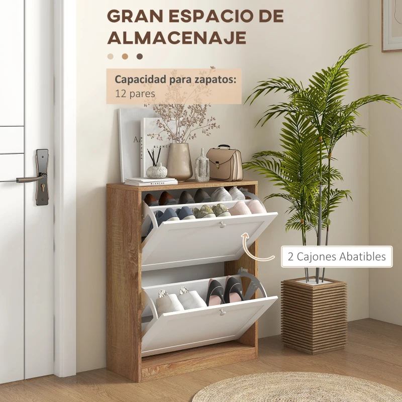 HOMCOM Zapatero Estrecho con 2 Puertas Estantes Ajustables para 12 Pares de Zapatos 60x24,5x75,5 cm Natural y Blanco
