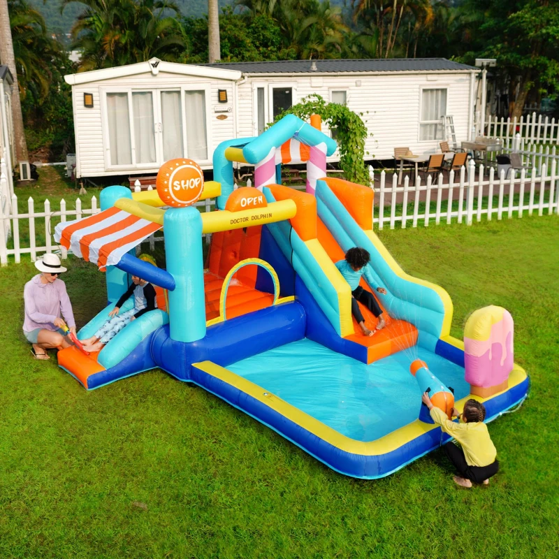 Castillo Hinchable para Niños con Tobogán Acuático y Trampolín, Parque Acuático Multifuncional con Fuente y Pistolas de Agua, 395x340x236 cm, Azul