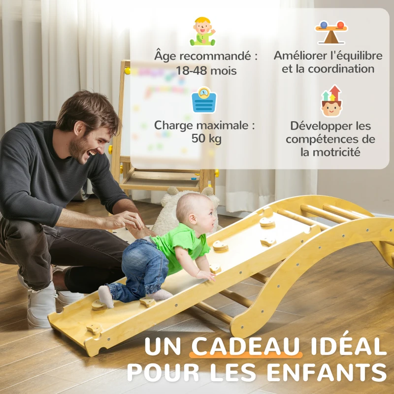 AIYAPLAY 4 en 1 Arche escalade enfants, chaise à bascule, rampe d'escalade double face et coussin, 168x49,5x39,5cm, bois naturel