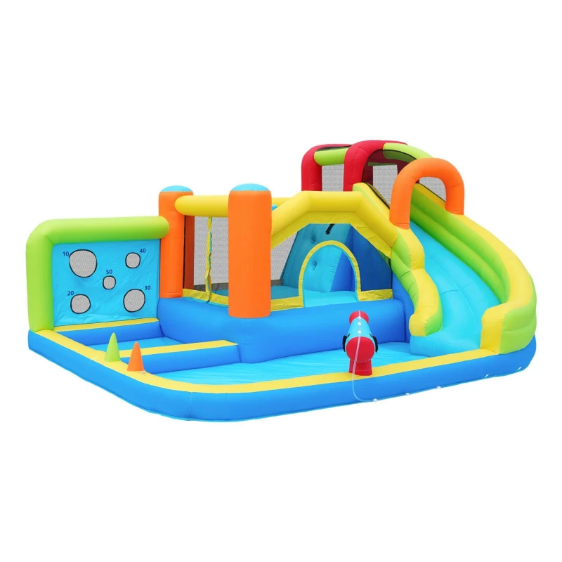 Castillo Hinchable con Soplador, Parque Acuático Multifuncional y Parque de Trampolines para Niños con Tobogán de Agua, Aro de Baloncesto y Pared de Escalada, 410x315x203 cm, Azul