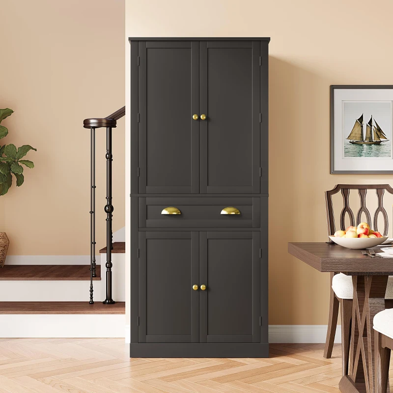 Armoire de rangement moderne, 4 portes et 1 tiroir, 6 compartiments de rangement et 4 étagères réglables, adaptée pour la cuisine, la salle à manger et le salon, 80x40x182 cm, Noir