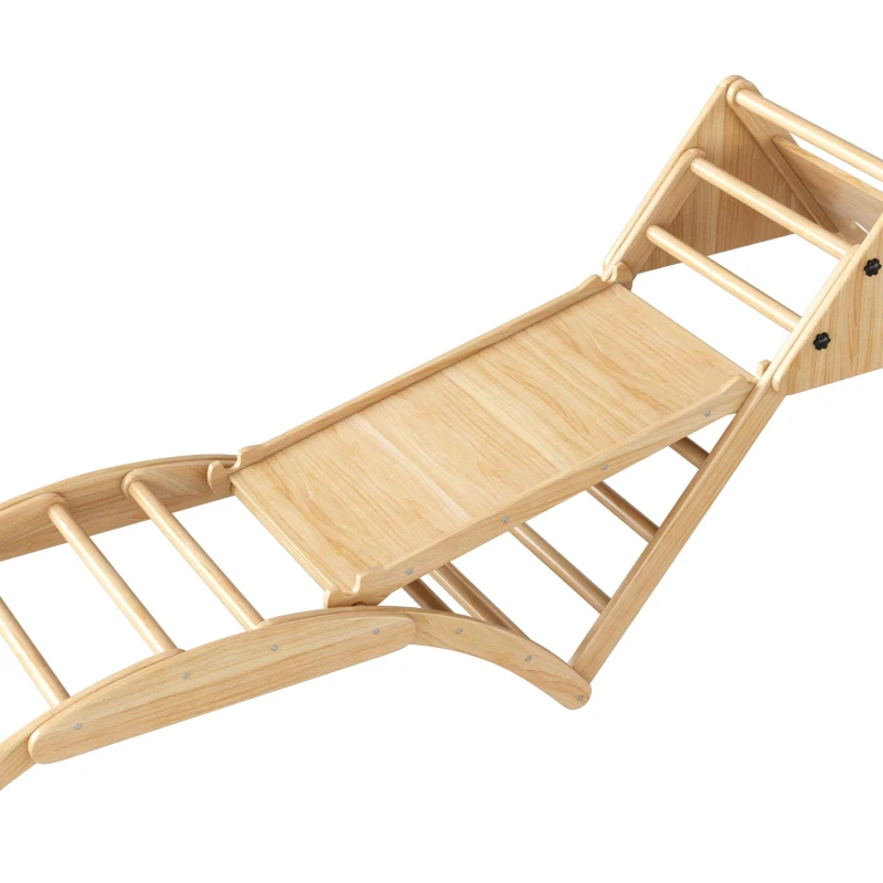 Structure d'escalade multifonctionnelle 8-en-1 en bois, Transformations de formes polyvalentes, avec toboggan, module d'escalade, bateau à bascule et tente, 140x58x142 cm, Couleur naturelle(m-10)