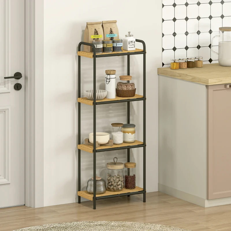 HOMCOM Estantería de Baño de Bambú con 4 Baldas Abiertas Diseño de Lamas y Estructura de Acero 41,5x21,5x106 cm Natural