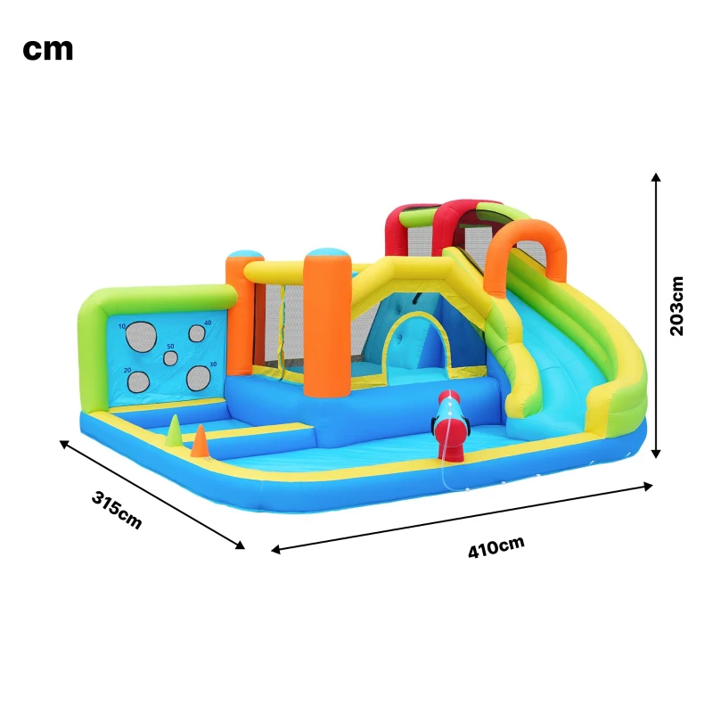 Chateau gonflable avec soufflerie, parc aquatique multifonctionnel et parc de trampolines pour enfants avec toboggan aquatique, panier de basket et mur d'escalade, 410x315x203 cm, Bleu