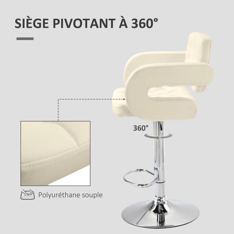 HOMCOM Tabouret de bar pivotant chaise de bar réglable en hauteur avec dossier repose-pieds et accoudoirs 61x50x94-114cm blanc