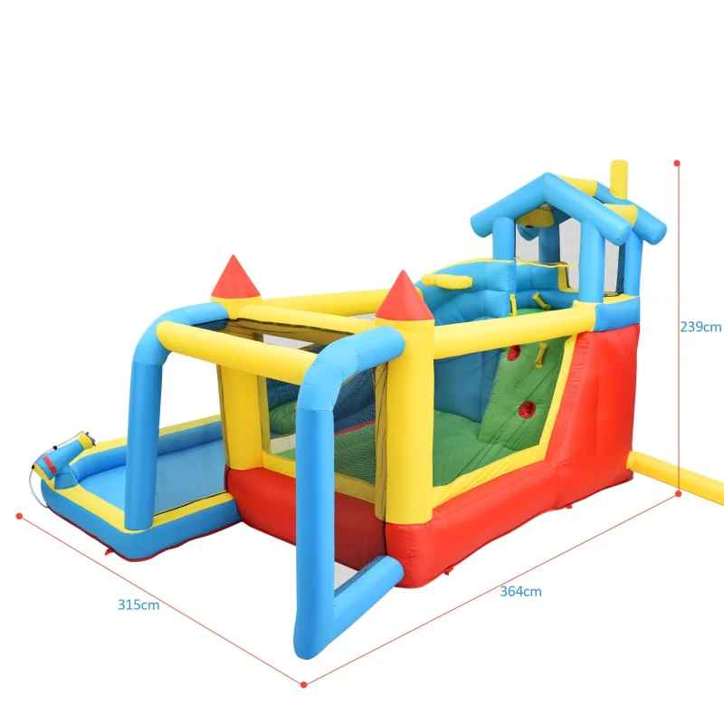Castillo Hinchable Infantil 5 en 1 con Tobogán, Área de Salto, Piscina de Agua y Red de Fútbol, 364x315x239 cm, Azul