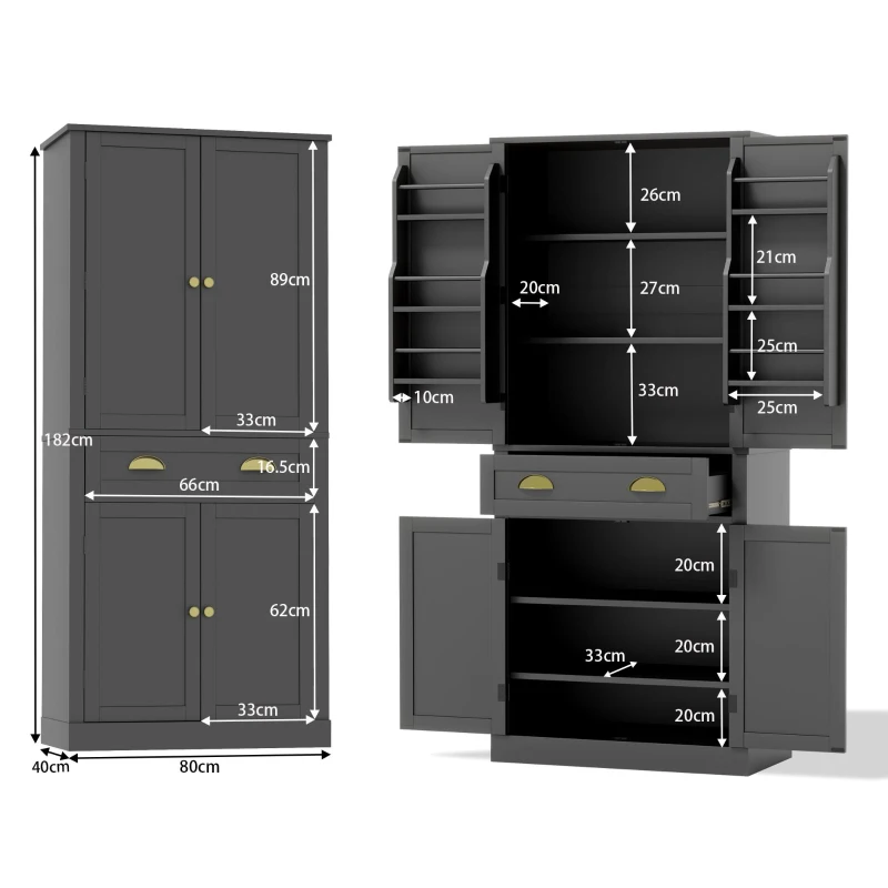 Armoire de rangement moderne, 4 portes et 1 tiroir, 6 compartiments de rangement et 4 étagères réglables, adaptée pour la cuisine, la salle à manger et le salon, 80x40x182 cm, Noir