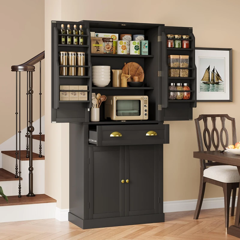 Armoire de rangement moderne, 4 portes et 1 tiroir, 6 compartiments de rangement et 4 étagères réglables, adaptée pour la cuisine, la salle à manger et le salon, 80x40x182 cm, Noir