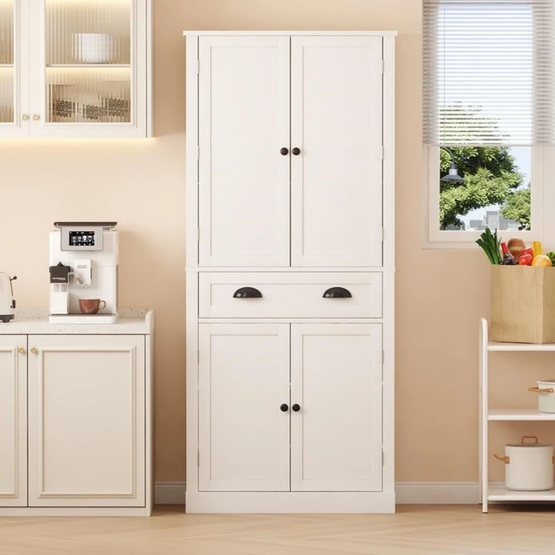 Armoire de rangement moderne, 4 portes et 1 tiroir, 6 compartiments de rangement et 4 étagères réglables, adaptée pour la cuisine, la salle à manger et le salon, 80x40x182 cm, Blanc