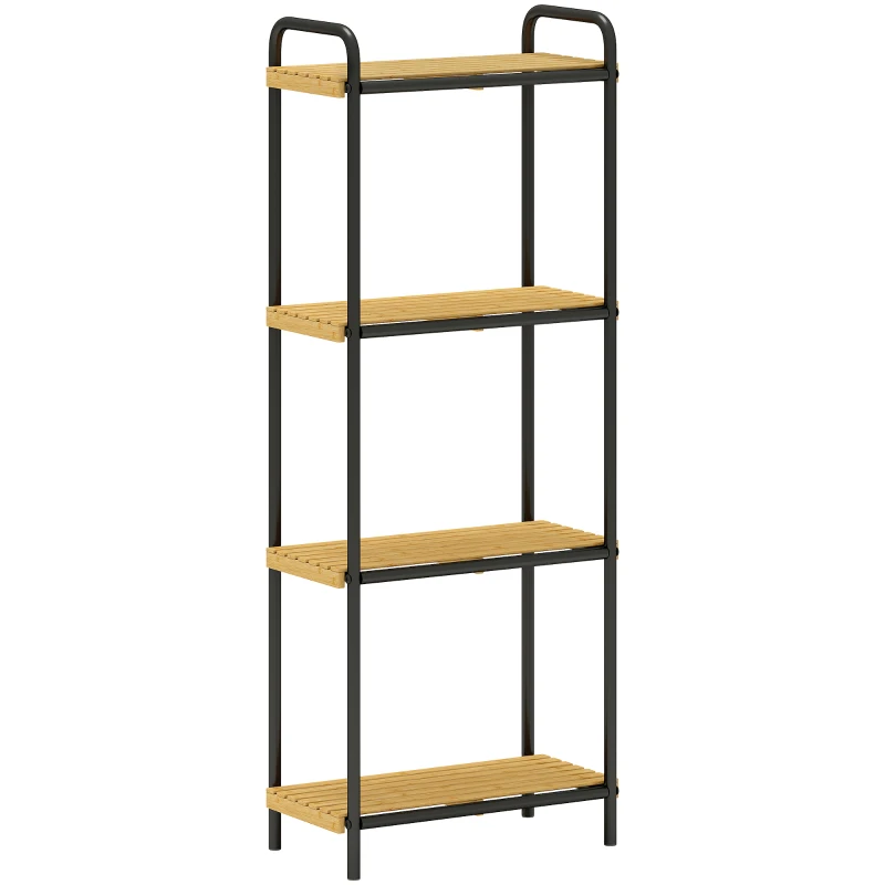 HOMCOM Estantería de Baño de Bambú con 4 Baldas Abiertas Diseño de Lamas y Estructura de Acero 41,5x21,5x106 cm Natural