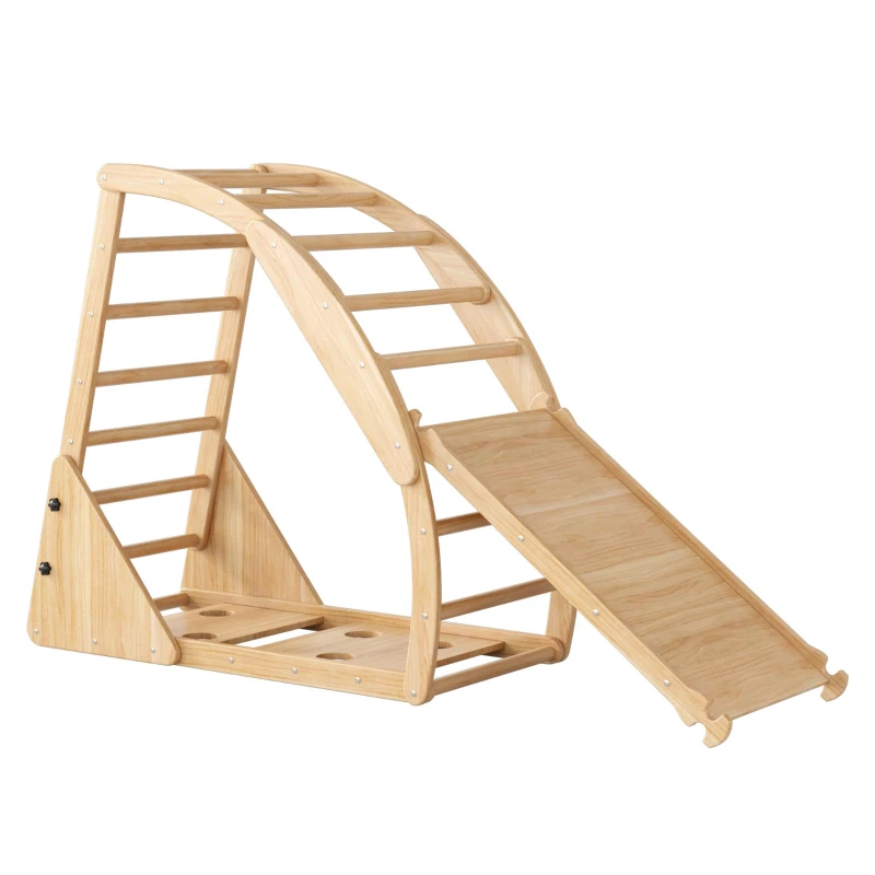 Structure d'escalade multifonctionnelle 8-en-1 en bois, Transformations de formes polyvalentes, avec toboggan, module d'escalade, bateau à bascule et tente, 140x58x142 cm, Couleur naturelle(m-14)