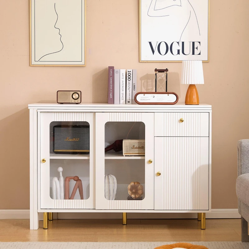 Buffet moderne avec plateau rabattable, surface pivotante, pieds en métal doré et portes coulissantes en verre, 116x40x78,5 cm, Blanc