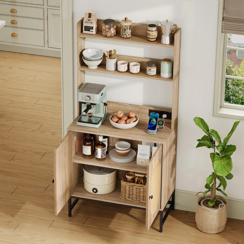 Buffet moderne, armoire avec portes doubles en rotin et espace de rangement, 80x40x160,5 cm , Couleur naturelle