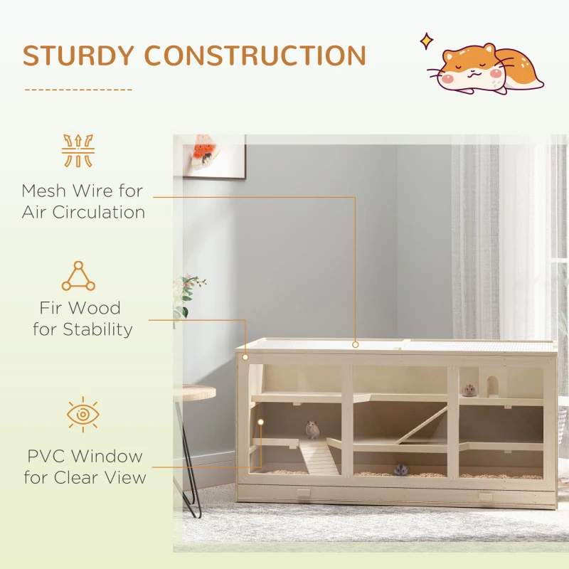 PawHut hamsterkooi, knaagdierenkooi, muizenkooi met trappetjes, drie verdiepingen massief hout PVC naturel(m-6)