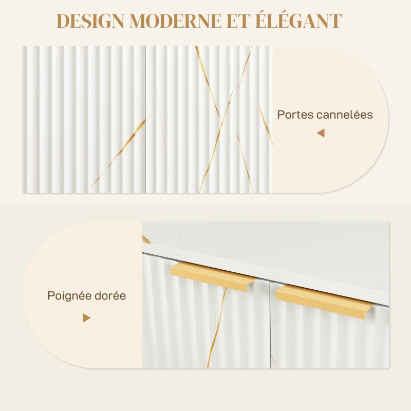 HOMCOM Buffet salon meuble de rangement style moderne avec placard à 2 portes cannelées, étagère réglable, pieds en métal, blanc