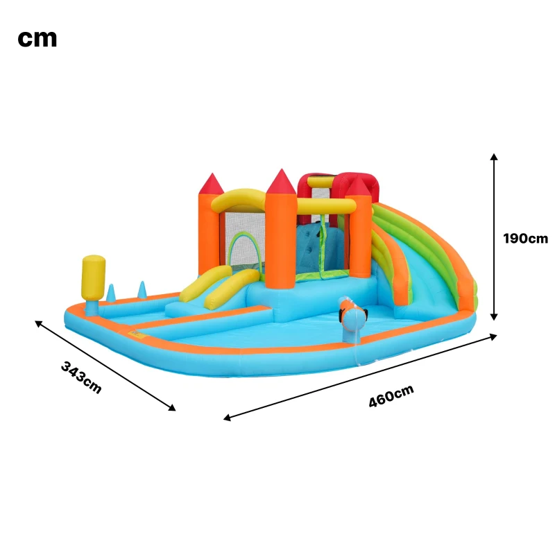 Château gonflable multifonctionnel avec toboggan aquatique, trampoline, panier de basket et pistolet à eau, pour utilisation sèche et humide, 460x343x190 cm, Orange