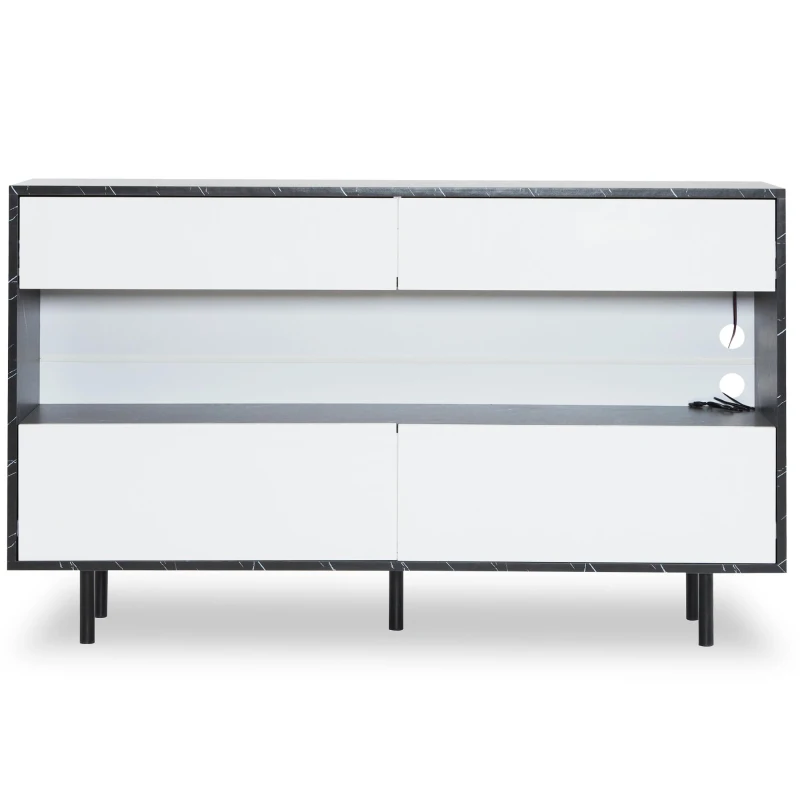 Sideboard im Schwarzen Marmor-Design mit offenem Stauraum, 4 Schubladen und LED-Beleuchtung, 150 x 35 x 89,5 cm, Weiß+Schwarz
