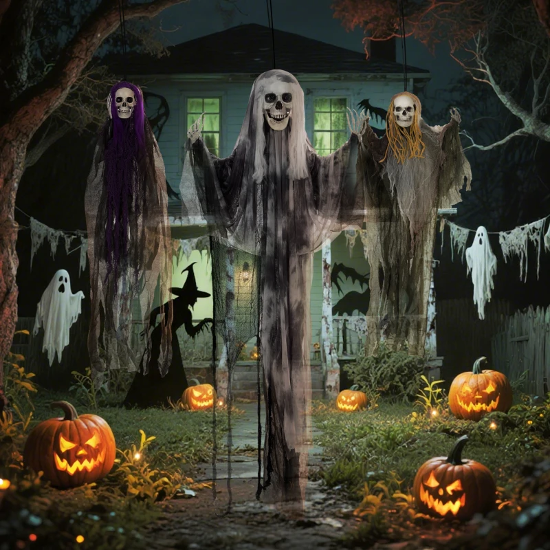 HOMCOM Set of 3 Hanging Skeleton Halloween Decorations, Scary Flying Ghost for Garden, Party, 90/110/170cm