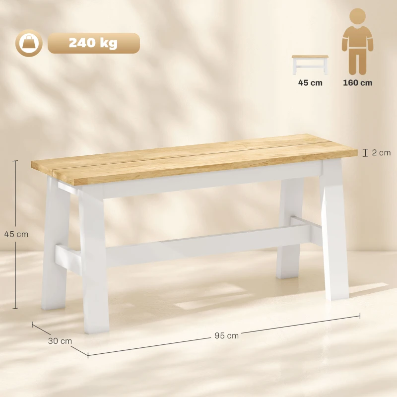 HOMCOM Banc pour 2 personnes, Banc en bois imitation chêne, barre transversale stabilisatrice, pour salon, salle à manger, couloir, bois d'hévéa, blanc