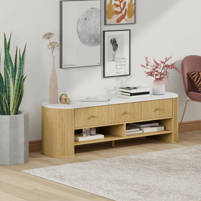 HOMCOM Meuble TV 140 cm, meuble télé pour téléviseur 65 pouces effet marbre 3 tiroirs façades à cannelures effet bois naturel