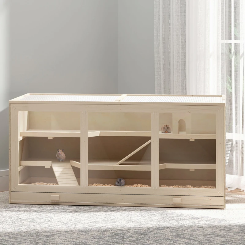 PawHut hamsterkooi, knaagdierenkooi, muizenkooi met trappetjes, drie verdiepingen massief hout PVC naturel(m-12)