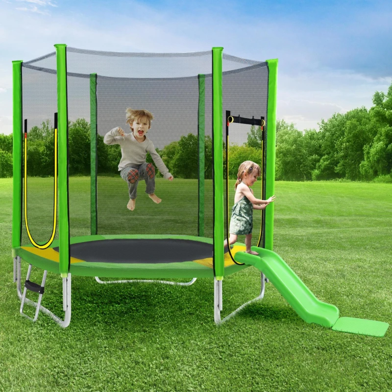 Trampoline pour enfants Ø 213 cm avec toboggan, échelle, filet, double porte et poteaux rembourrés, Vert