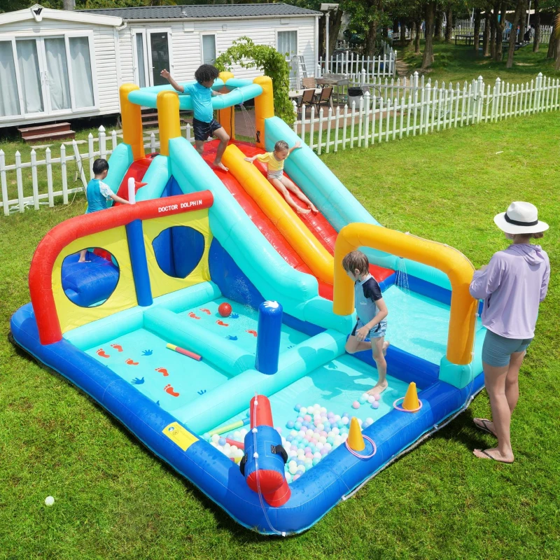 Castello d'Acqua Gonfiabile per Bambini con soffiatore, doppio scivolo, parete da arrampicata e pistola ad acqua, 365x450x217 cm, Blu