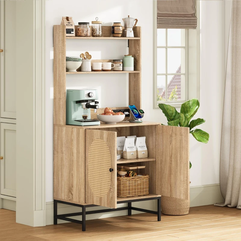 Buffet moderne, armoire avec portes doubles en rotin et espace de rangement, 80x40x160,5 cm , Couleur naturelle