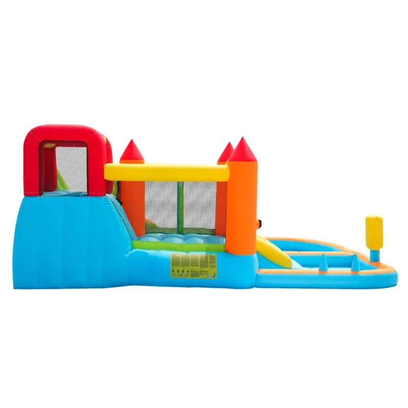 Château gonflable multifonctionnel avec toboggan aquatique, trampoline, panier de basket et pistolet à eau, pour utilisation sèche et humide, 460x343x190 cm, Orange