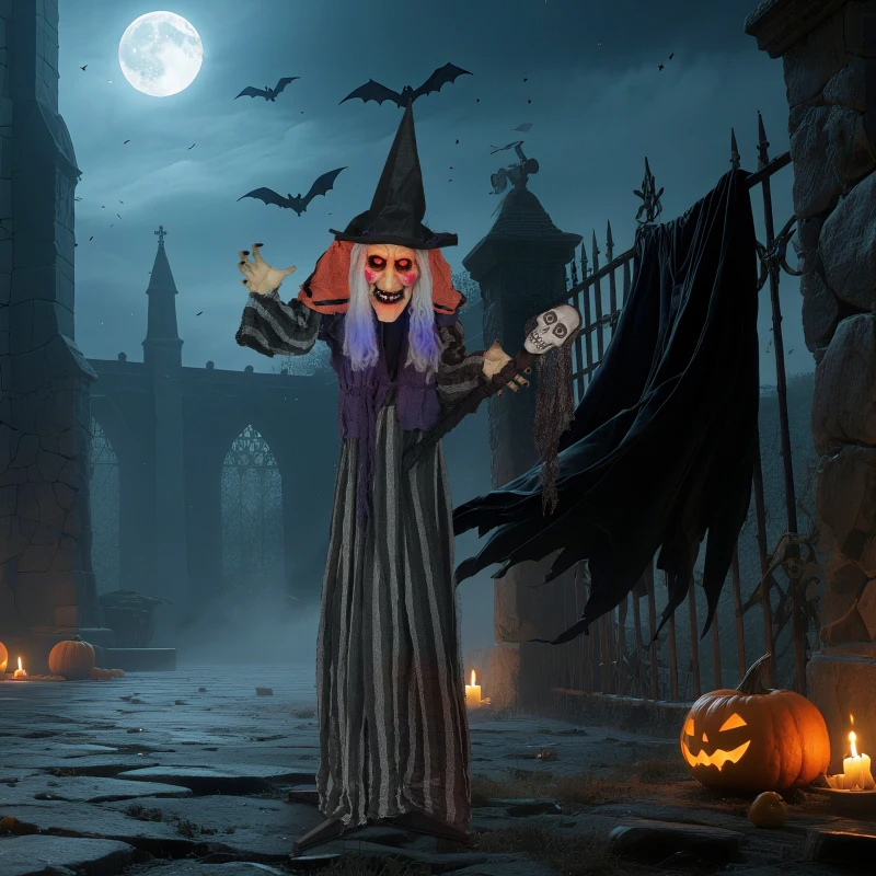 Outsunny 160 cm Halloween Dekoration Halloween Hexe mit LED-Lichter, Soundfunktion verstellbare Arme, Körper(m-9)