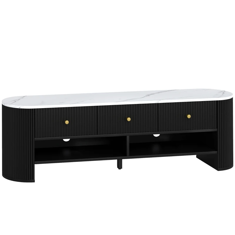 HOMCOM Meuble TV 140 cm, meuble télé pour téléviseur 65 pouces effet marbre avec 3 tiroirs façades à cannelures 2 étagères noir