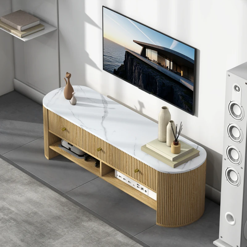 HOMCOM Meuble TV 140 cm, meuble télé pour téléviseur 65 pouces effet marbre 3 tiroirs façades à cannelures effet bois naturel