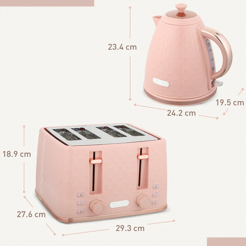 HOMCOM Kettle and Toaster Set, 1.7L 3000W Fast Boil Jug Kettle, 4 Slice Toaster with 7 Level Browning Controls, Light Pink