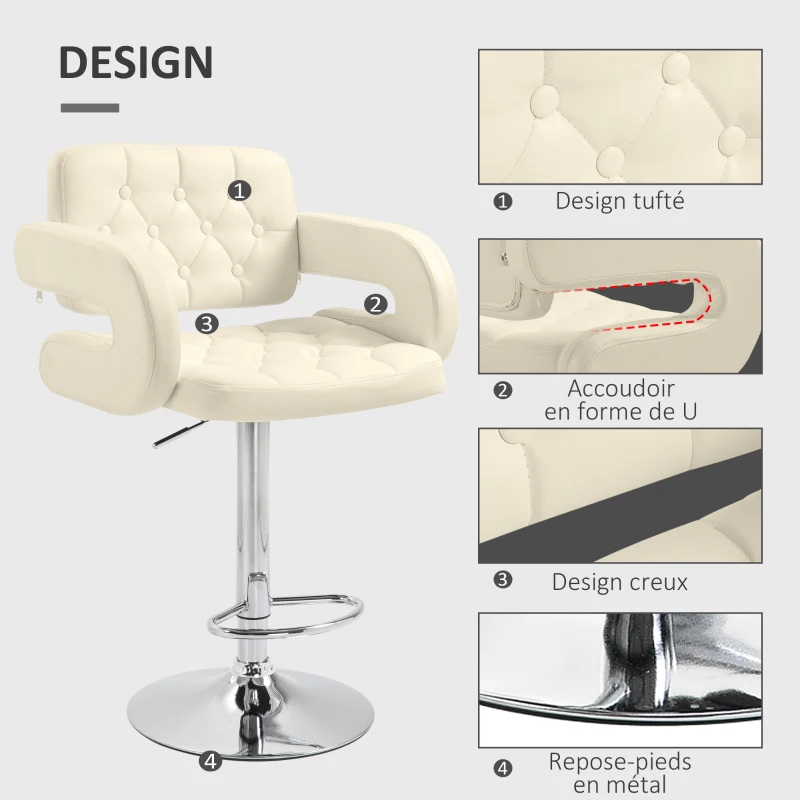 HOMCOM Tabouret de bar pivotant chaise de bar réglable en hauteur avec dossier repose-pieds et accoudoirs 61x50x94-114cm blanc