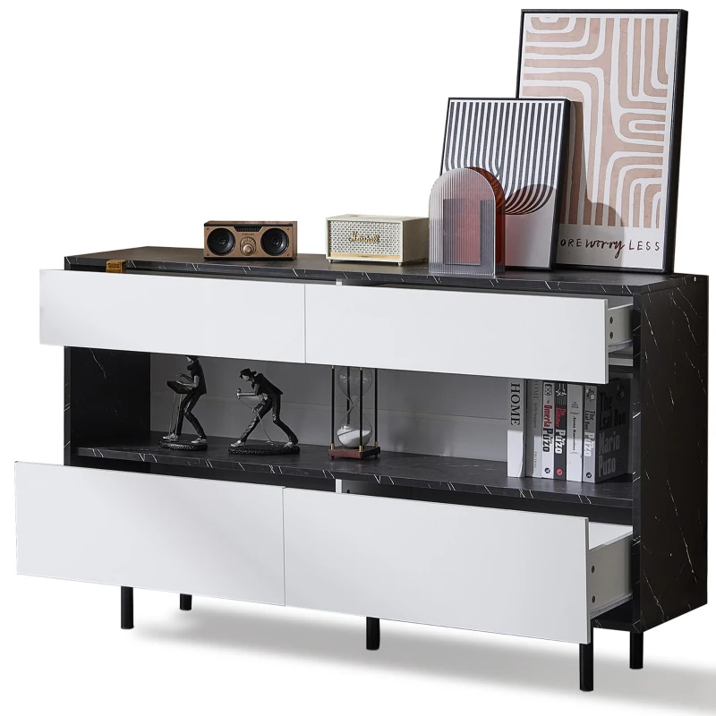 Buffet au design marbre noir avec espace de rangement ouvert, 4 tiroirs et éclairage LED, 150x35x89,5 cm, Blanc＋Noir