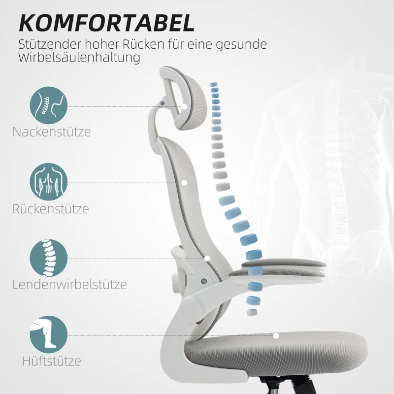 HOMCOM Ergonomische bureaustoel met mesh rugleuning, hoogte verstelbaar, klaparmleuningen, 5 wielen, kantelfunctie, Grijs(m-4)