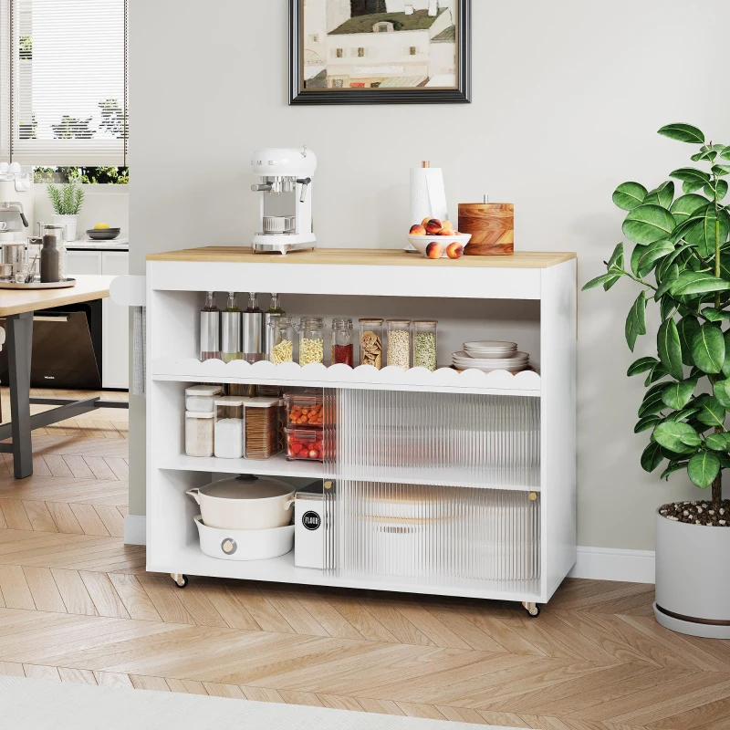 Chariot de cuisine pliable, avec portes coulissantes en verre trempé, étagères réglables et porte-serviettes, 122x46x91 cm, Blanc