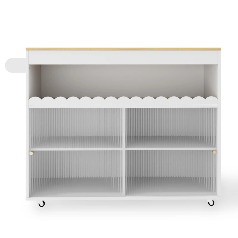 Chariot de cuisine pliable, avec portes coulissantes en verre trempé, étagères réglables et porte-serviettes, 122x46x91 cm, Blanc