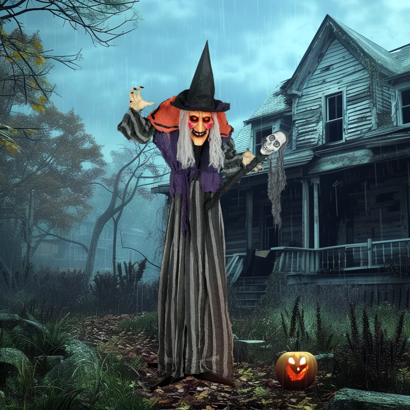 Outsunny 160 cm Halloween Dekoration Halloween Hexe mit LED-Lichter, Soundfunktion verstellbare Arme, Körper(m-8)
