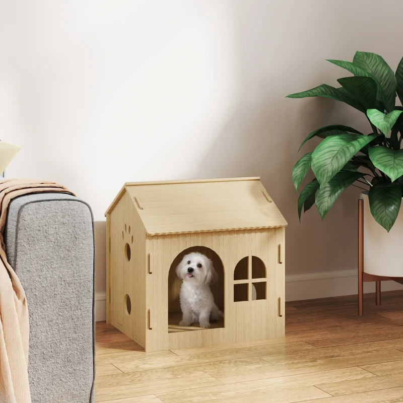 PawHut Casota para Cães Casa para Cães com Janelas Desenho de Patas Ocas Casa para Cães e Gatos 49,5x41x51 cm Madeira