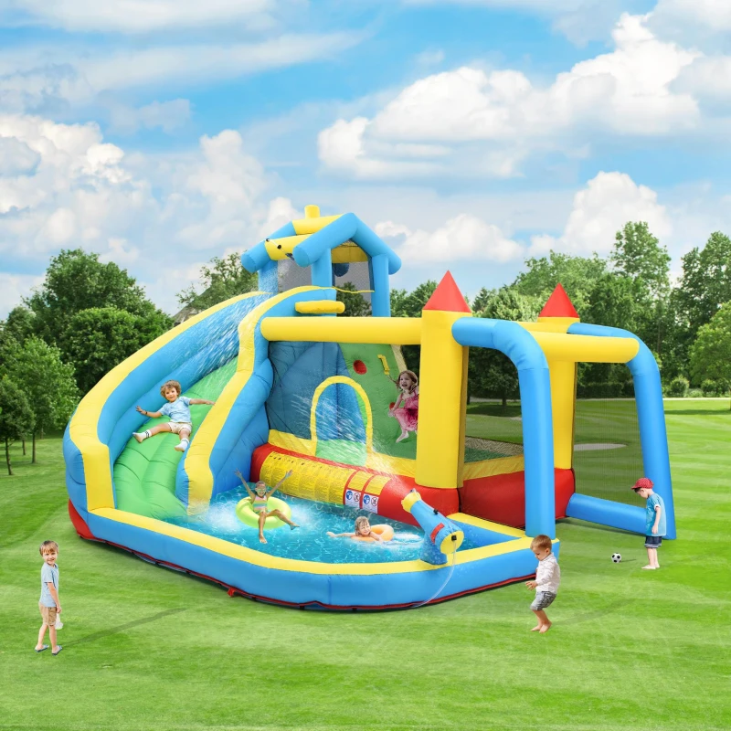 Castillo Hinchable Infantil 5 en 1 con Tobogán, Área de Salto, Piscina de Agua y Red de Fútbol, 364x315x239 cm, Azul