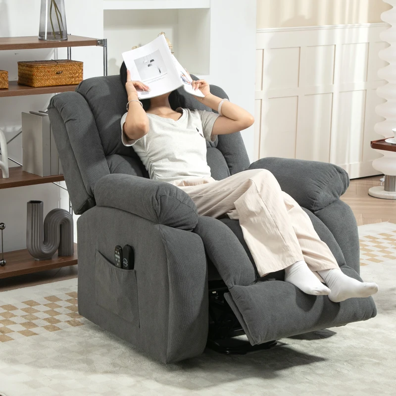 HOMCOM Relaxstoel met Massage- en Warmtefunctie, Elektrische Opsta-Stoel, Afstandsbediening, Zijvakken, Grijs