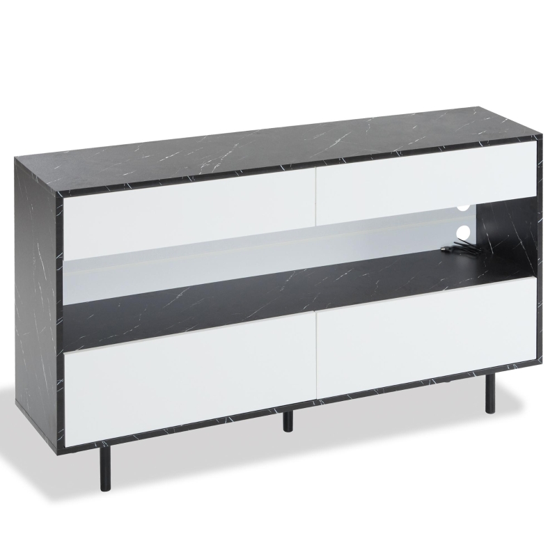 Buffet au design marbre noir avec espace de rangement ouvert, 4 tiroirs et éclairage LED, 150x35x89,5 cm, Blanc＋Noir