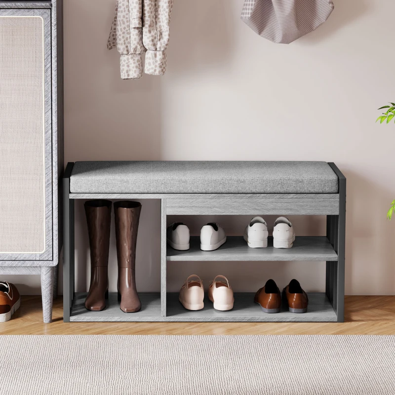 HOMCOM Scaffale per Scarpe con Panca, Scaffale per Corridoio per Scarpe, Mobile Portascarpe con Design a 3 Livelli, per Ingresso, Corridoio, Soggiorno, Camera da Letto, Grigio